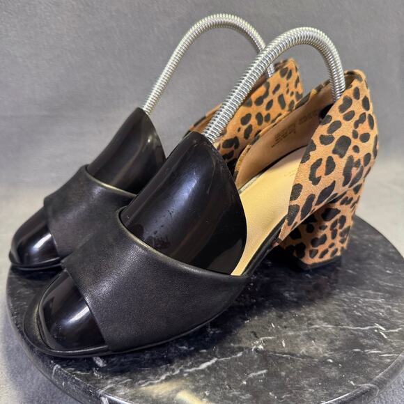 Seychelles Leopard Print & Black Leather Peep Toe Block Heels Women's Size 8 US - Picture 10 of 12